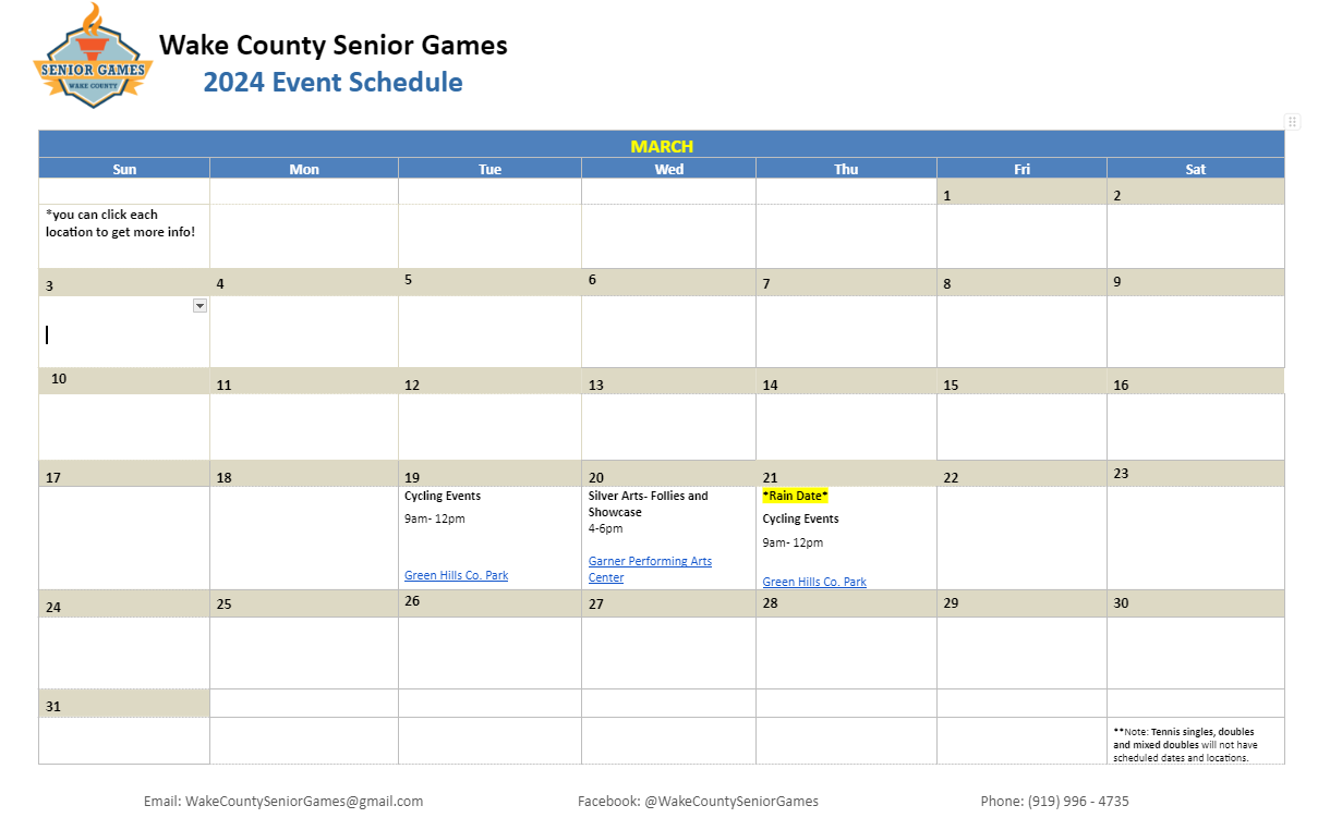 Calendar Wake County Senior Games