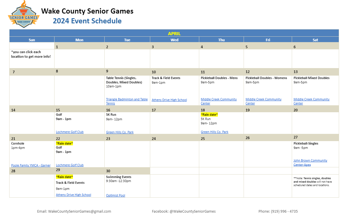 Calendar Wake County Senior Games