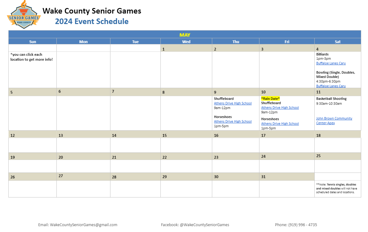 Calendar Wake County Senior Games